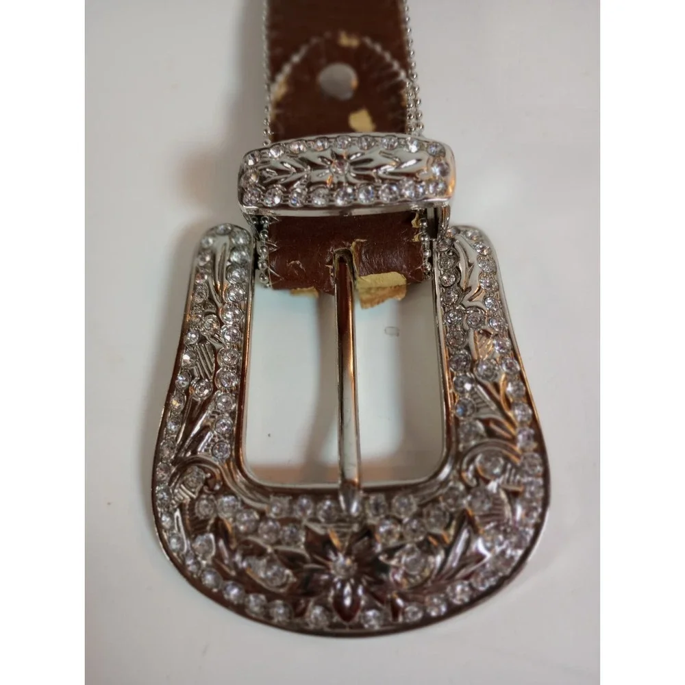WB Atlas Brown Leather Blue Crystal Jeweled Western Belt Silver Buckle XL 48